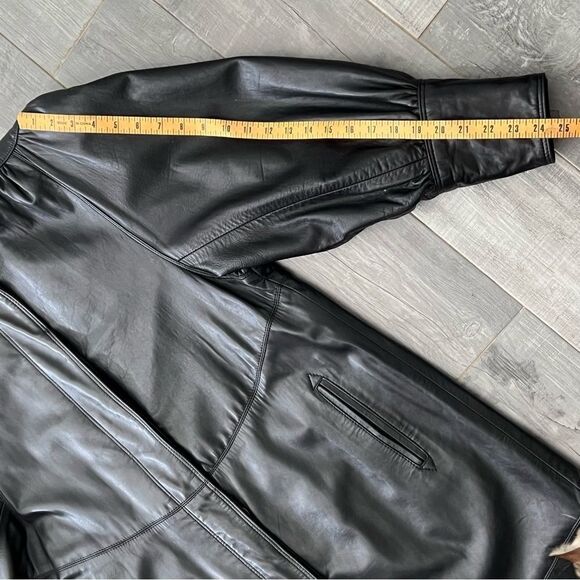 Vtg 80s Leather Coat Long Goth Whimsigoth Full Length Shoulder Pad Victorian L - Picture 15 of 15